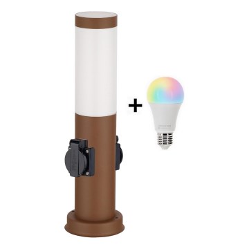 Brilagi - Lampe d'extérieur LED RGBW dimmable avec 2 prises, 1xE27/9W/230V, 2700–6500 K, IP44, 40 cm, marron
