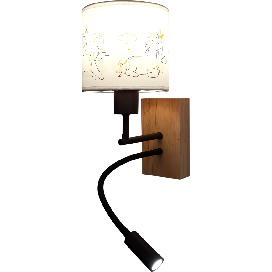 Brilagi - Applique murale LED flexible pour enfants BOBO WOOD 1xE27/25W/230V + LED/3W chêne/noir/blanc/licornes
