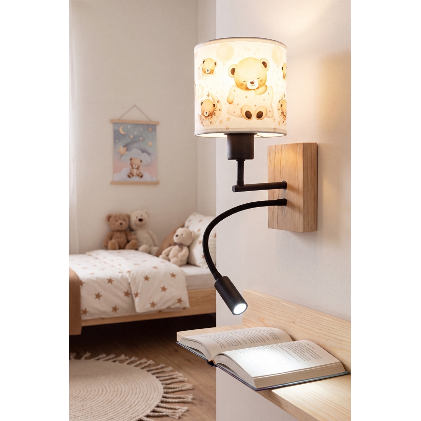 BRILAGI - Lampe murale LED flexible pour enfants BOBO WOOD 1xE27/25W/230V + LED/3W chêne/noir/blanc/oursons