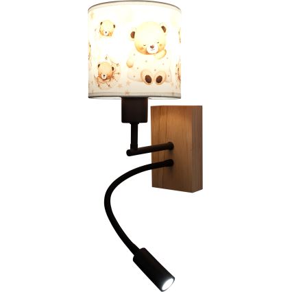 BRILAGI - Lampe murale LED flexible pour enfants BOBO WOOD 1xE27/25W/230V + LED/3W chêne/noir/blanc/oursons