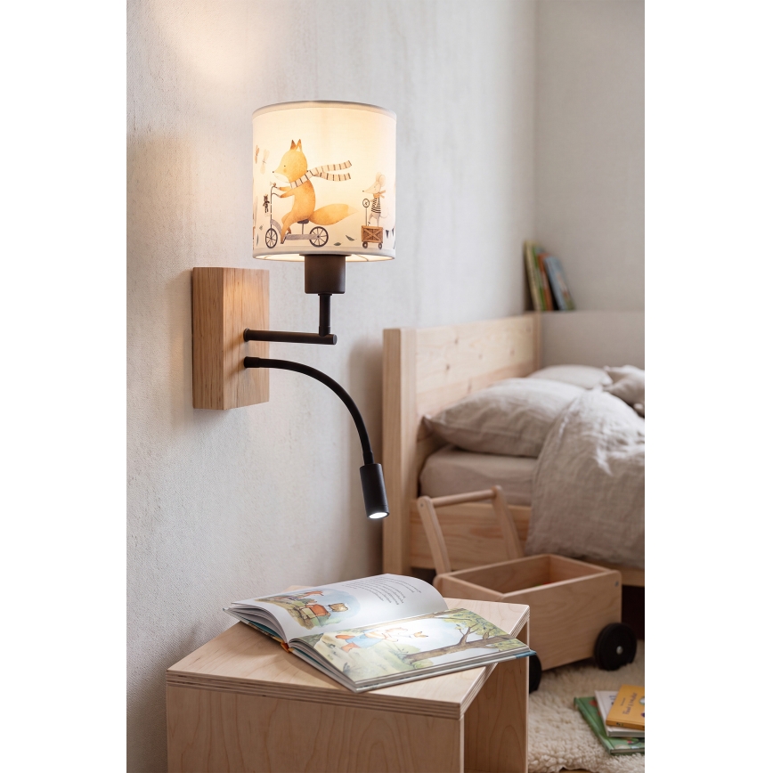 BRILAGI - Lampe murale LED flexible pour enfants BOBO WOOD 1xE27/25W/230V + LED/3W chêne/noir/blanc/motifs animaux