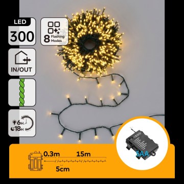 BRILAGI - LED buiten kerstlichtsnoer 300xLED/3xAA/8 functies 15,3m IP44 warm wit