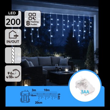 BRILAGI - LED Buiten kerstsnoer 200xLED/3xAA/8 functies 13x0,6m IP44 koud wit