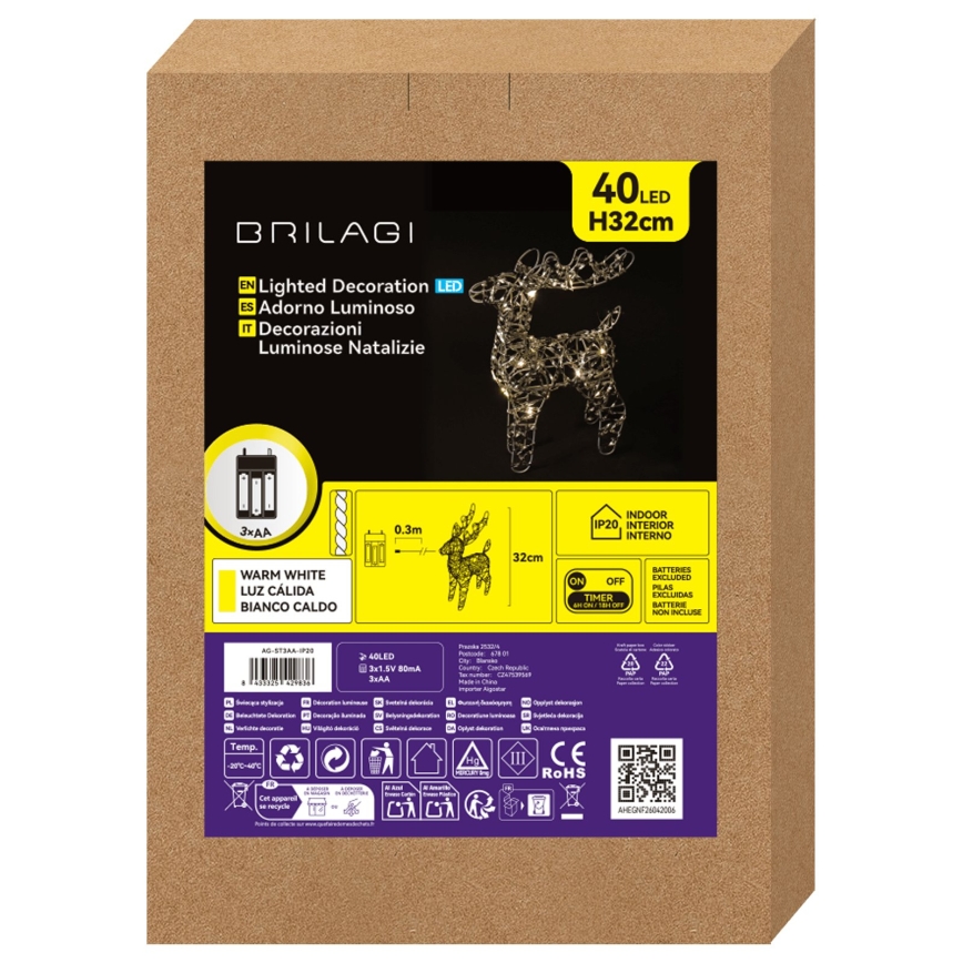 BRILAGI - décoration de Noël LED/3xAA 32 cm renne blanc chaud/argenté