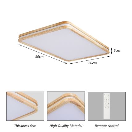 Brilagi - Dimbare LED-plafondlamp MOLINA SQUARE LED/128W/230V 3000-6000K eiken 90x60 cm + afstandsbediening