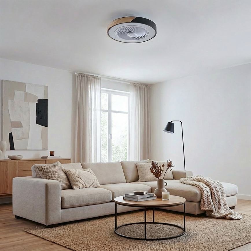 Brilagi - Dimbare LED-plafondlamp met ventilator LED/30W/230V 3000-6500K Ø 50 cm zwart/eiken + afstandsbediening