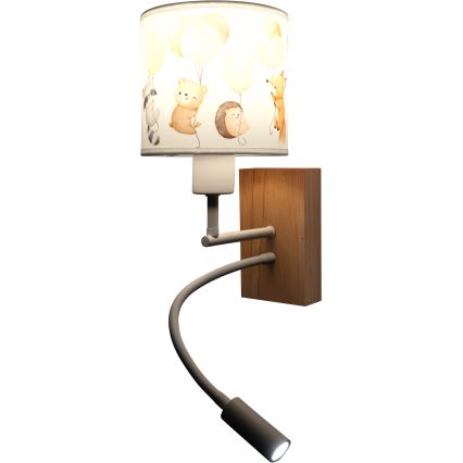 Brilagi - LED flexibele wandlamp voor kinderen BOBO WOOD 1xE27/25W/230V + LED/3W eik/wit/dierenmotief