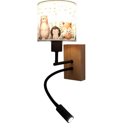 Brilagi - flexibele LED-wandlamp voor kinderen BOBO WOOD 1xE27/25W/230V + LED/3W eiken/zwart/wit/met dieren