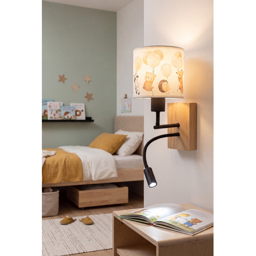 Brilagi - LED flexibele wandlamp voor kinderen BOBO WOOD 1xE27/25W/230V + LED/3W eiken/zwart/wit/dierenmotief