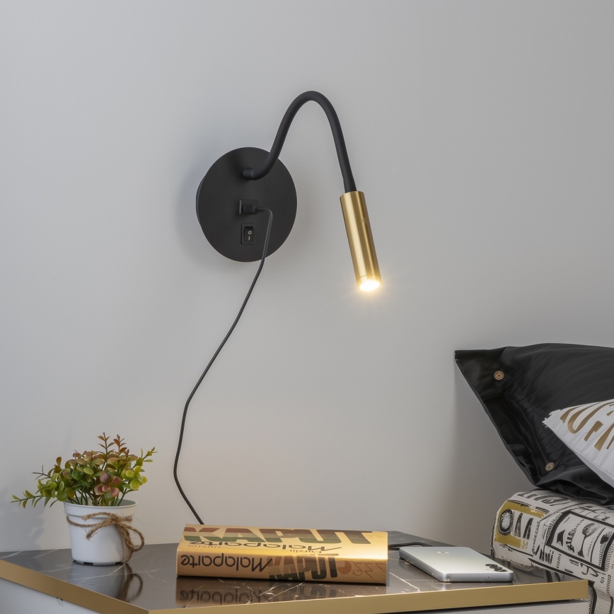Brilagi - LED Flexibele wandlamp met USB-poort MAYA LED/3W/230V 4000K zwart/goud