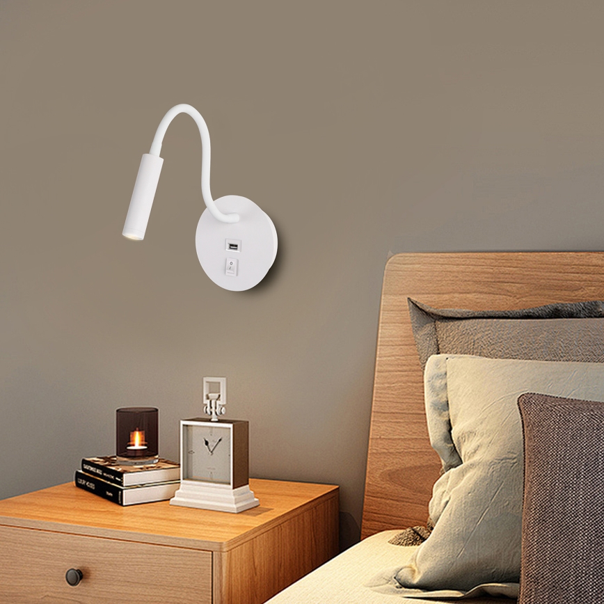 Brilagi - LED Flexibele wandlamp met USB-poort MAYA LED/3W/230V 4000K wit