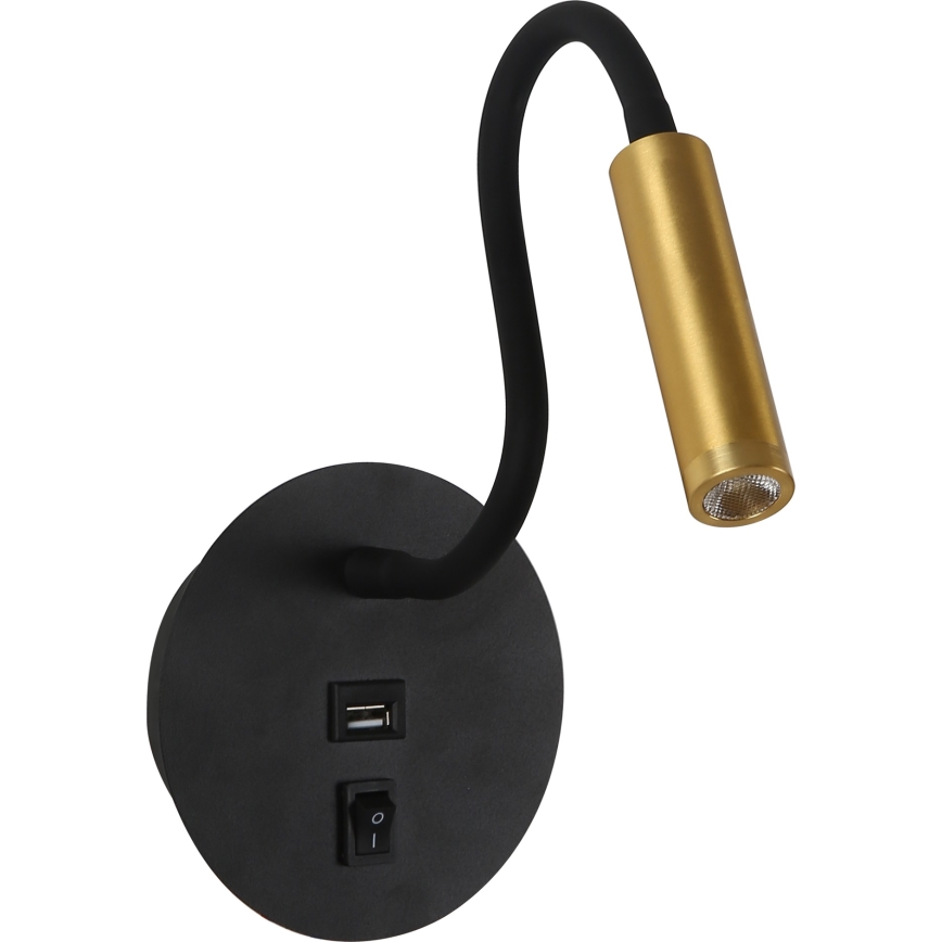 Brilagi - LED Flexibele wandlamp met USB-poort MAYA LED/3W/230V 4000K zwart/goud