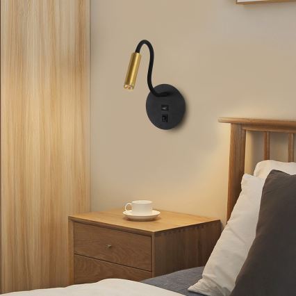 Brilagi - LED Flexibele wandlamp met USB-poort MAYA LED/3W/230V 4000K zwart/goud