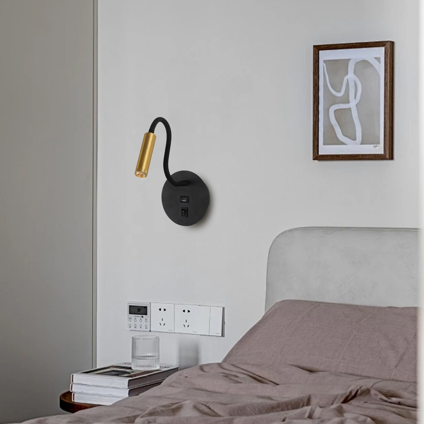 Brilagi - LED Flexibele wandlamp met USB-poort MAYA LED/3W/230V 4000K zwart/goud