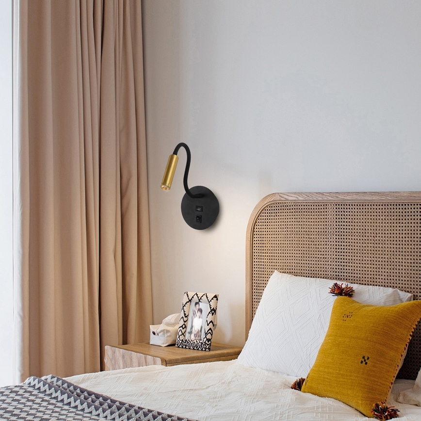 Brilagi - LED Flexibele wandlamp met USB-poort MAYA LED/3W/230V 4000K zwart/goud