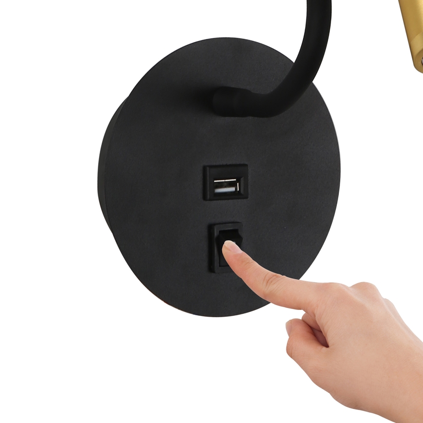 Brilagi - LED Flexibele wandlamp met USB-poort MAYA LED/3W/230V 4000K zwart/goud