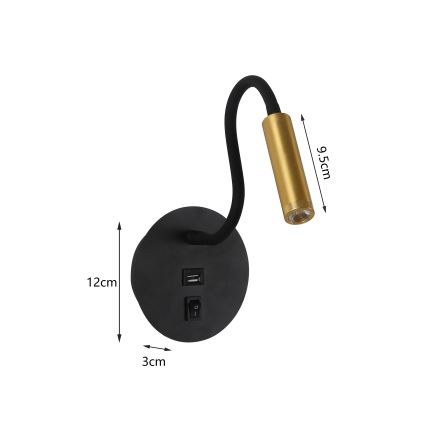 Brilagi - LED Flexibele wandlamp met USB-poort MAYA LED/3W/230V 4000K zwart/goud