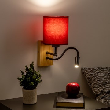 Brilagi - LED Flexibele wandlamp NUBILA WOOD 1xE27/25W/230V + LED/3W eiken/Pompejaanse rood