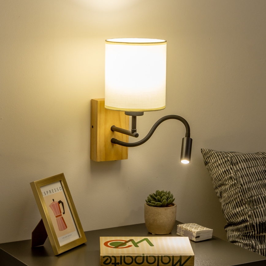 Brilagi - LED Flexibele wandlamp NUBILA WOOD 1xE27/25W/230V + LED/3W eiken/zwart/crème