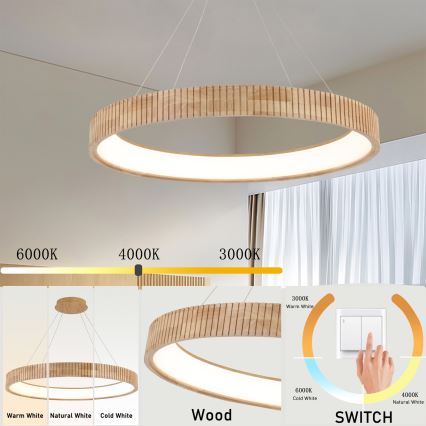 Brilagi - FALCON WOOD MODERN LED-hanglamp aan kabel, 60W/230V, 3000/4000/6000K, Ø 80 cm, hout