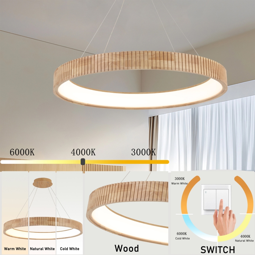 Brilagi - FALCON WOOD MODERN LED-hanglamp aan kabel, 60W/230V, 3000/4000/6000K, Ø 80 cm, hout