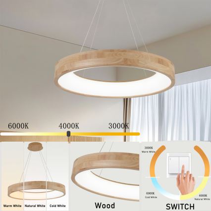 Brilagi - FALCON WOOD LED hanglamp aan kabel, 40W/230V, 3000/4000/6000K, Ø 60 cm, hout