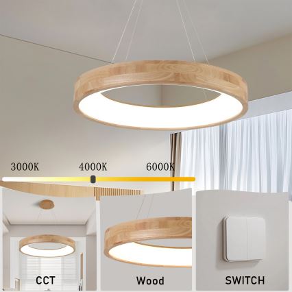 Brilagi - FALCON WOOD LED hanglamp aan kabel, 40W/230V, 3000/4000/6000K, Ø 60 cm, hout