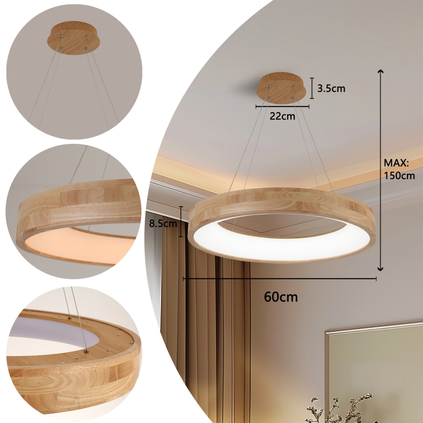 Brilagi - FALCON WOOD LED hanglamp aan kabel, 40W/230V, 3000/4000/6000K, Ø 60 cm, hout