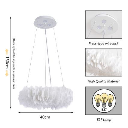 Brilagi - LED-hanglamp met kabel FEATHER 3xE27/40W/230V + 3xLED/3W Ø 40 cm wit