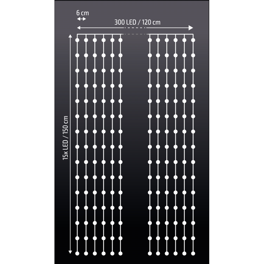 Brilagi - LED Kerst Lichtgordijn 300xLED/8 functies/3xAA/USB 1,2m koud wit