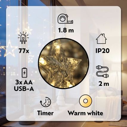 BRILAGI - LED Kerst Lichtgordijn 77xLED/3xAA/USB 1,8m warm wit