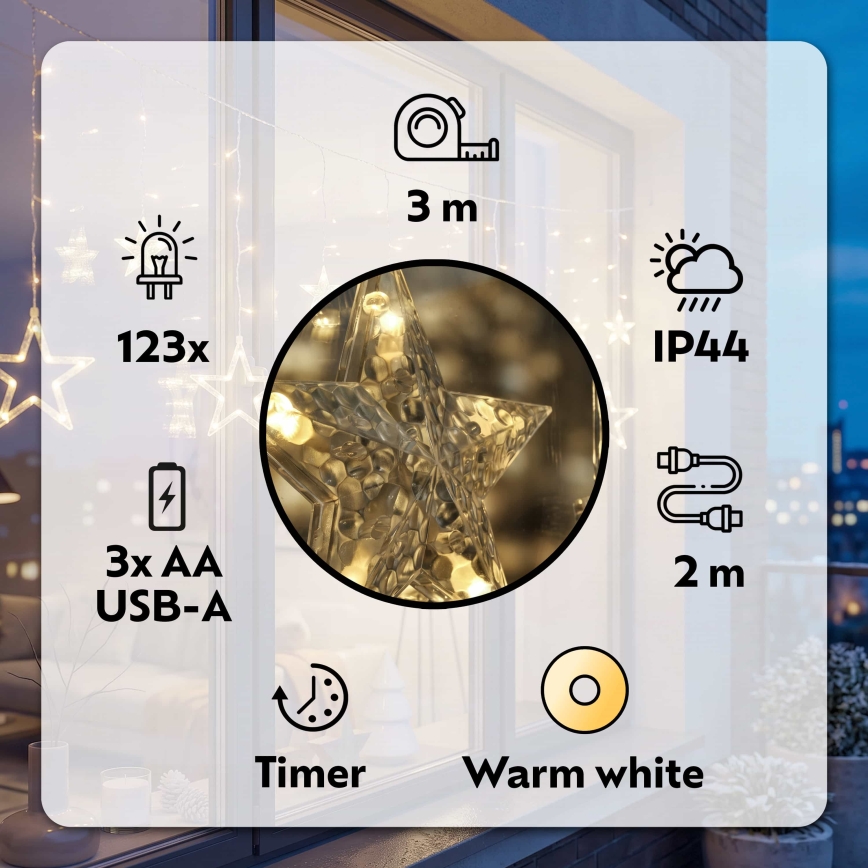 BRILAGI - LED Kerst Lichtgordijn voor buiten 123xLED/3xAA/USB 3m IP44 warm wit
