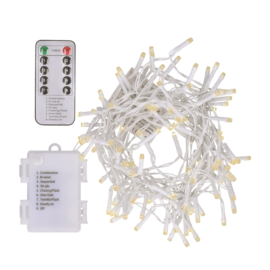 Brilagi - LED Kerst lichtsnoer voor buiten 120xLED/8 Functies/3xAA 9,5m wit IP44 warm wit + afstandsbediening