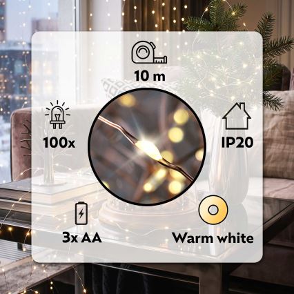 Brilagi - LED-kerstsnoer 100xLED/3xAA 10m warm wit