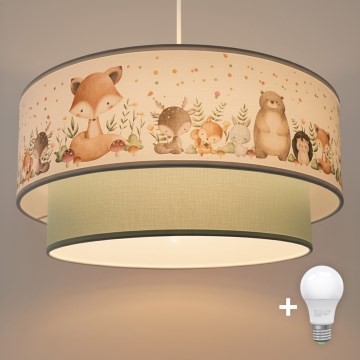 Brilagi - LED Kinderhanglamp met snoer BOBO 1xE27/10W/230V Ø 40 cm wit/groen/dierenmotief
