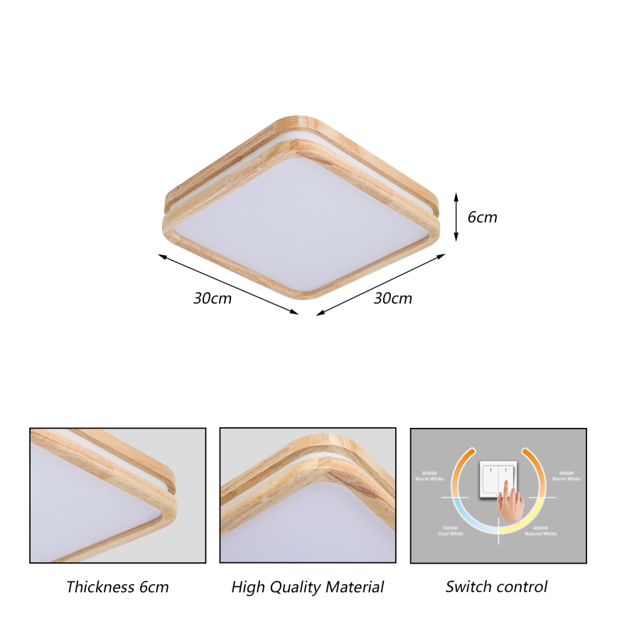 Brilagi - LED plafondlamp MOLINA SQUARE LED/32W/230V 3000/4000/6000K eiken 30x30 cm