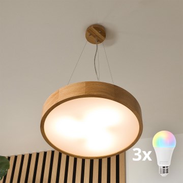 Brilagi - LED RGBW dimbare hanglamp aan kabel CARVALHO 3xE27/15W/230V 2700-6500K Wi-Fi eiken Ø 47,5 cm