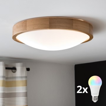 Brilagi - LED RGBW dimbare plafondlamp CARVALHO SLIM 2xE27/15W/230V 2700-6500K Wi-Fi eiken Ø 37 cm