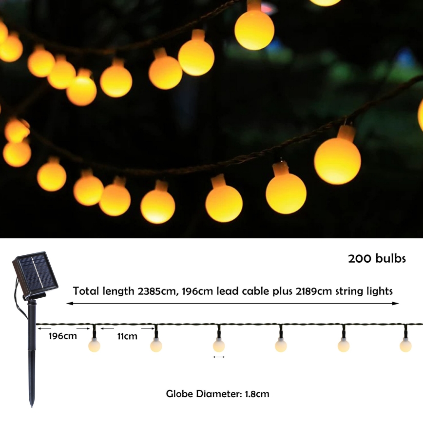Brilagi - LED Solar Decoratieve lichtsnoer BUBBLE 200xLED/8 Functies 20m IP65 warm wit