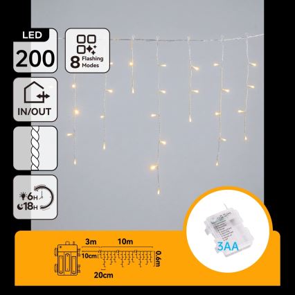 BRILAGI - LED buiten kerstsnoer 200xLED/3xAA/8 functies 13x0,6m IP44 warm wit