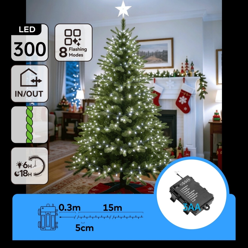 BRILAGI - LED buiten kerstverlichting 300xLED/3xAA/8 functies 15,3m IP44 koud wit