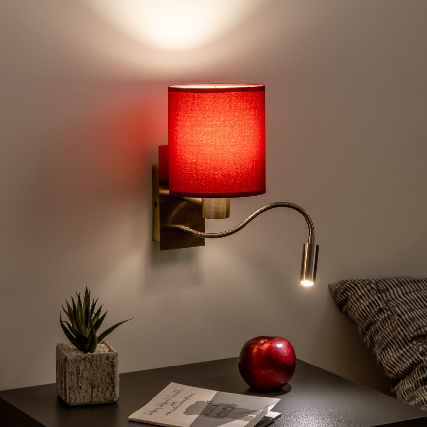 Brilagi - LED Flexibele wandlamp NUBILA 1xE27/25W/230V+LED/3W messing/Pompejaanse rood