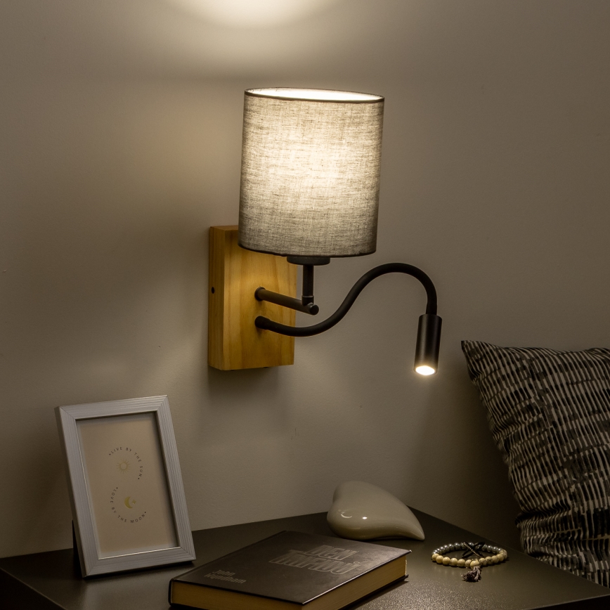 Brilagi - LED Flexibele wandlamp NUBILA WOOD 1xE27/25W/230V + LED/3W eiken/antraciet