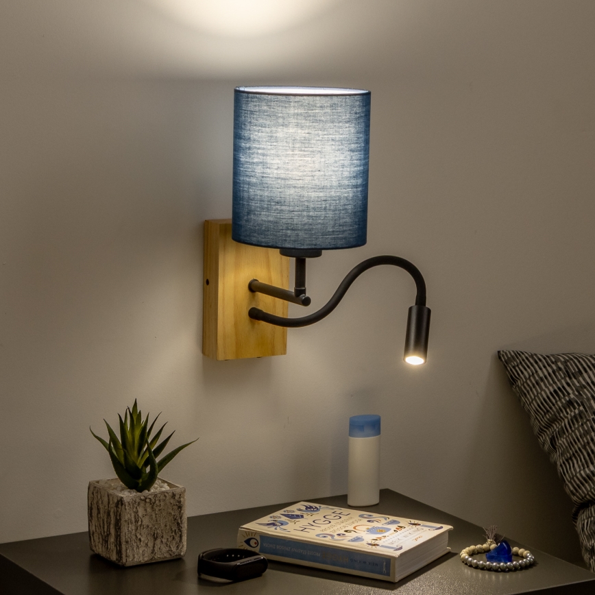 Brilagi - LED Flexibele wandlamp NUBILA WOOD 1xE27/25W/230V + LED/3W eiken/donkerblauw