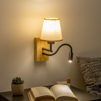 Brilagi - LED Flexibele wandlamp NUBILA WOOD 1xE27/25W/230V + LED/3W eiken/lichtbruin