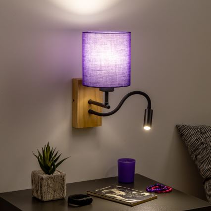 Brilagi - LED Flexibele wandlamp NUBILA WOOD 1xE27/25W/230V + LED/3W eiken/paars