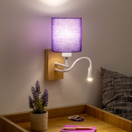 Brilagi - LED Flexibele wandlamp NUBILA WOOD 1xE27/25W/230V + LED/3W eiken/paars