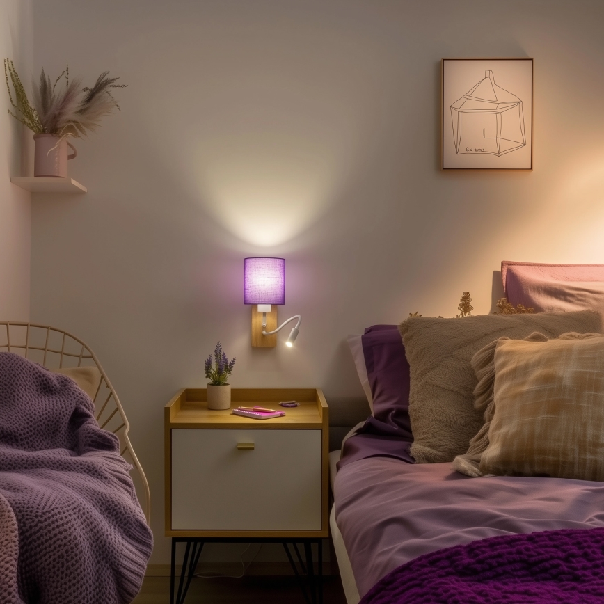 Brilagi - LED Flexibele wandlamp NUBILA WOOD 1xE27/25W/230V + LED/3W eiken/paars