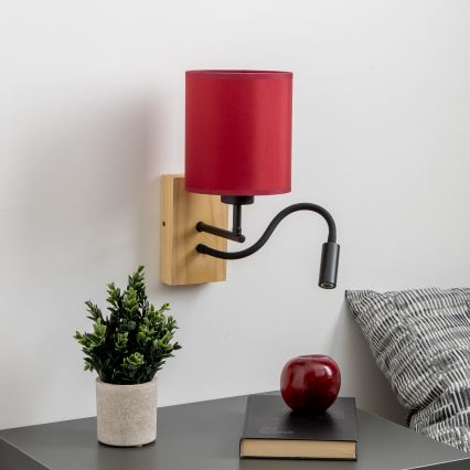 Brilagi - LED Flexibele wandlamp NUBILA WOOD 1xE27/25W/230V + LED/3W eiken/Pompejaanse rood