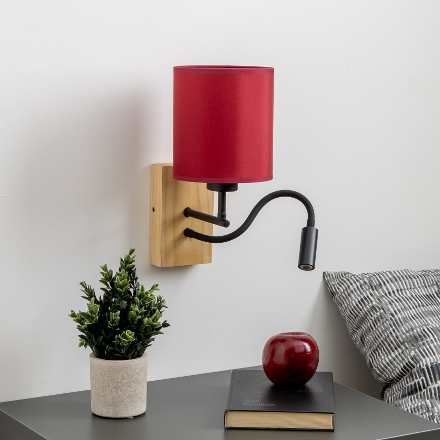 Brilagi - LED Flexibele wandlamp NUBILA WOOD 1xE27/25W/230V + LED/3W eiken/Pompejaanse rood